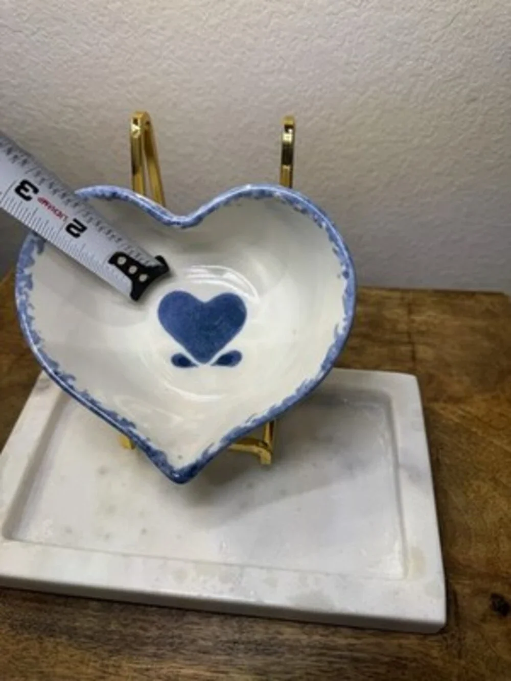 Blue and white 90s sponge art heart shaped ceramic dish, For Display, Key Dish